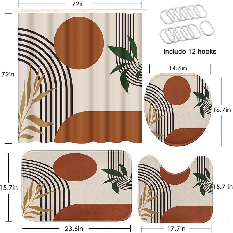 Tayney Boho Mid Century Shower Curtain Set with Toilet Lid Cover and Non-Slip Rugs, Abstract Geometric 4 Pcs Modern Minimalist Shower Curtain for Bathroom Set with 12 Hooks - Image 2